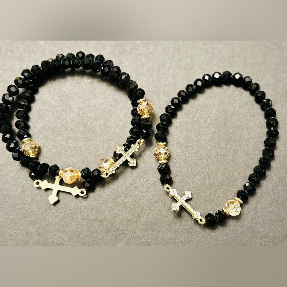 (3) Elegant Black and Gold Beaded Bracelet Set with cross